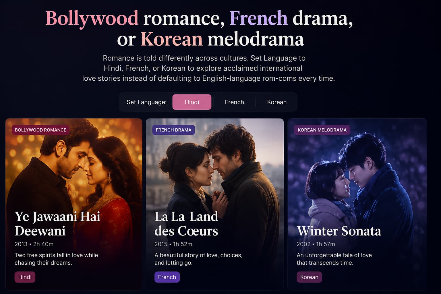World cinema posters representing international romance language filtering
