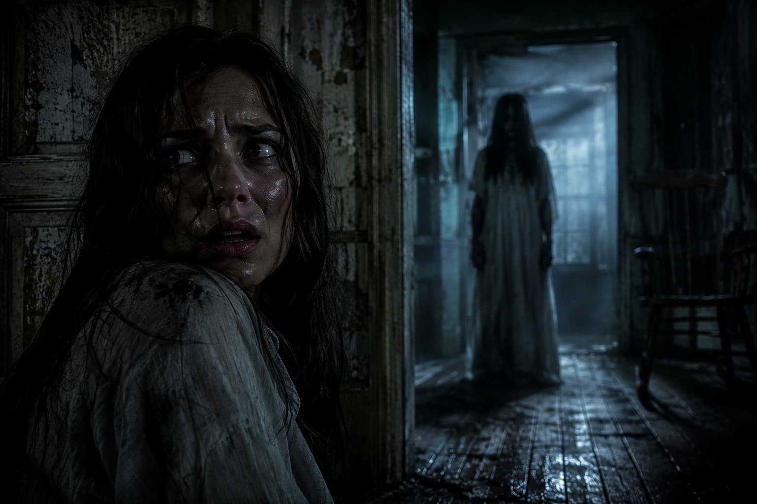Dark eerie hallway representing dark and intense horror mood filtering